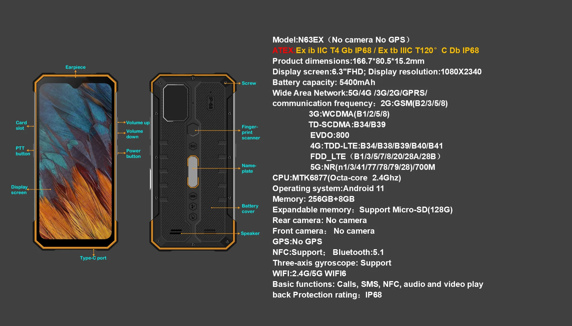 No Camera GPS ATEX Explosion Proof 5G Mobile Phone N63EX003